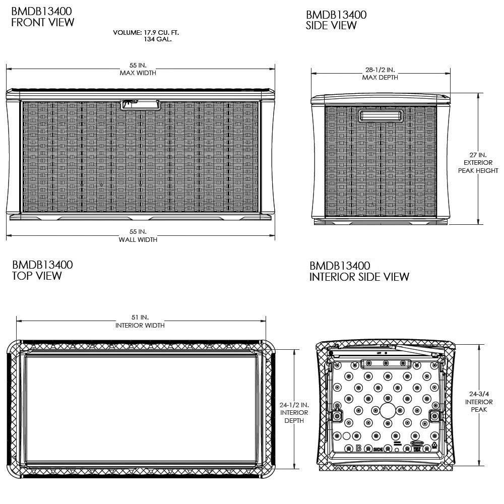 Suncast Rattan Blow Moulded Deck Box BMDB13400 Dimensions