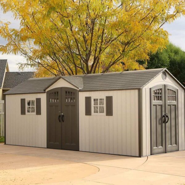 Lifetime 20 x 8 dual entrance plastic shed exterior
