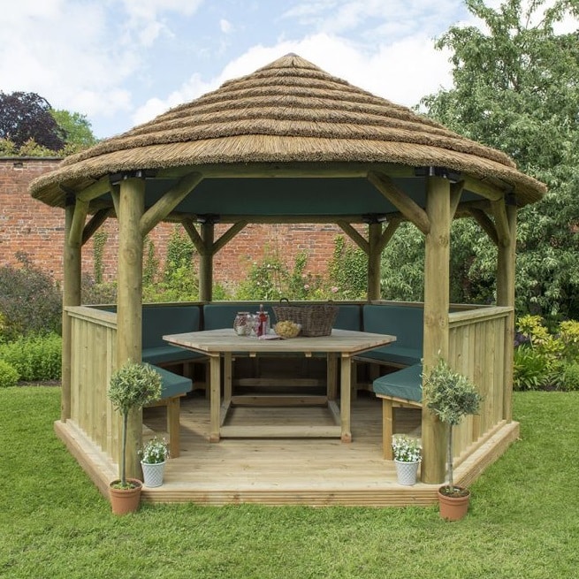4m Forest Hexagonal Gazebo Thatched Roof Green Cushions
